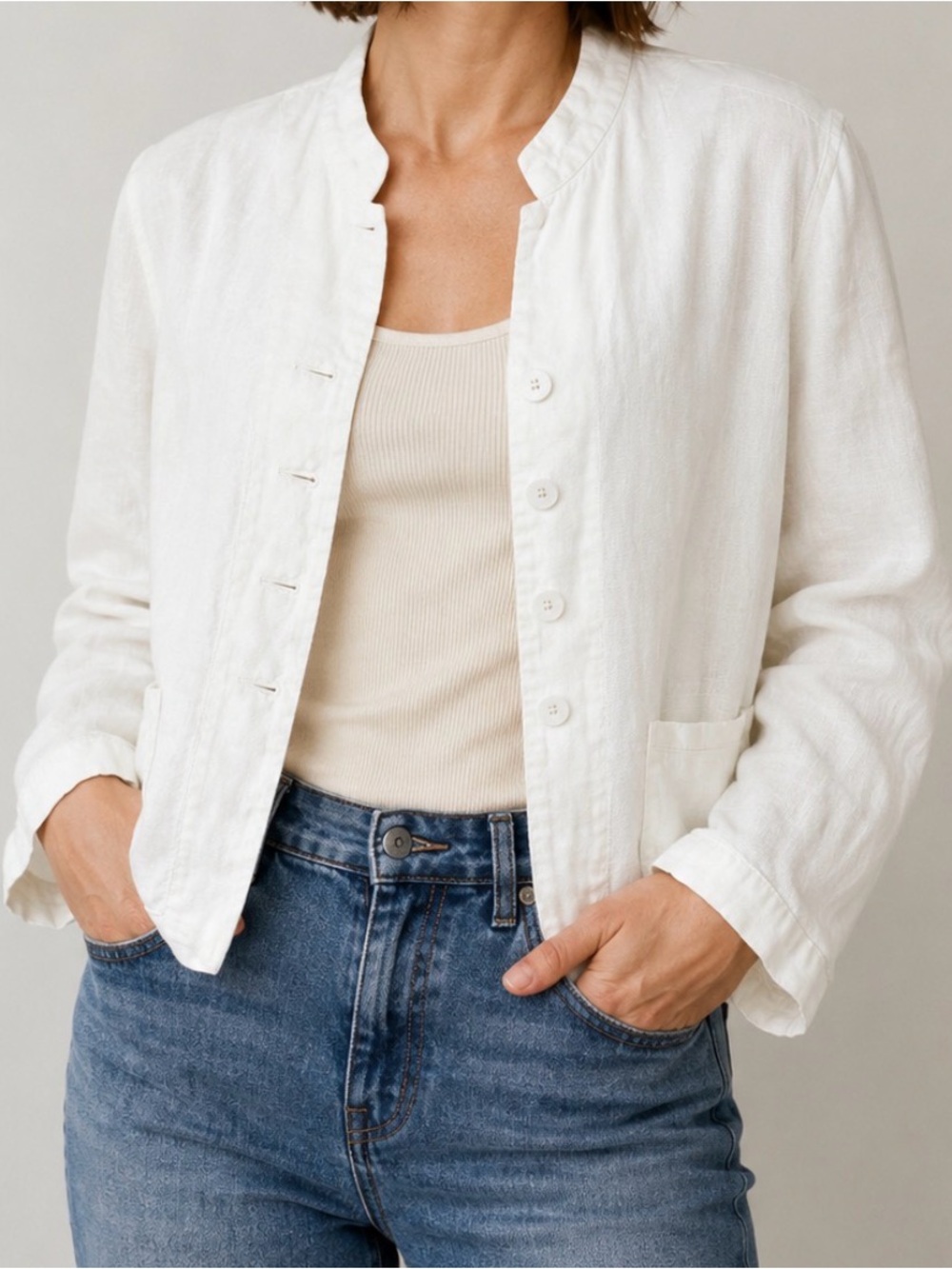Eileen Fisher White 100% Linen Button Front Jacket Blazer Womens Large L